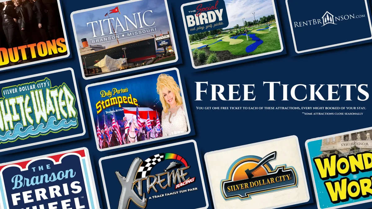 A cheerful, colorful interior scene featuring tickets to local attractions and logos, creating a sense of excitement and anticipation for exploring Branson’s famous entertainment and family-friendly activities.